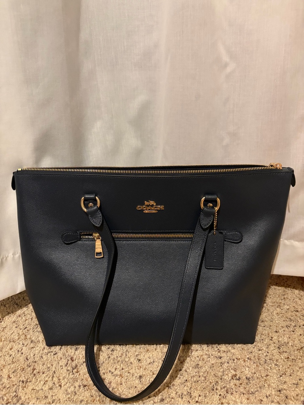 Coach Navy Blue Leather Tote Bag with Gold Hardware